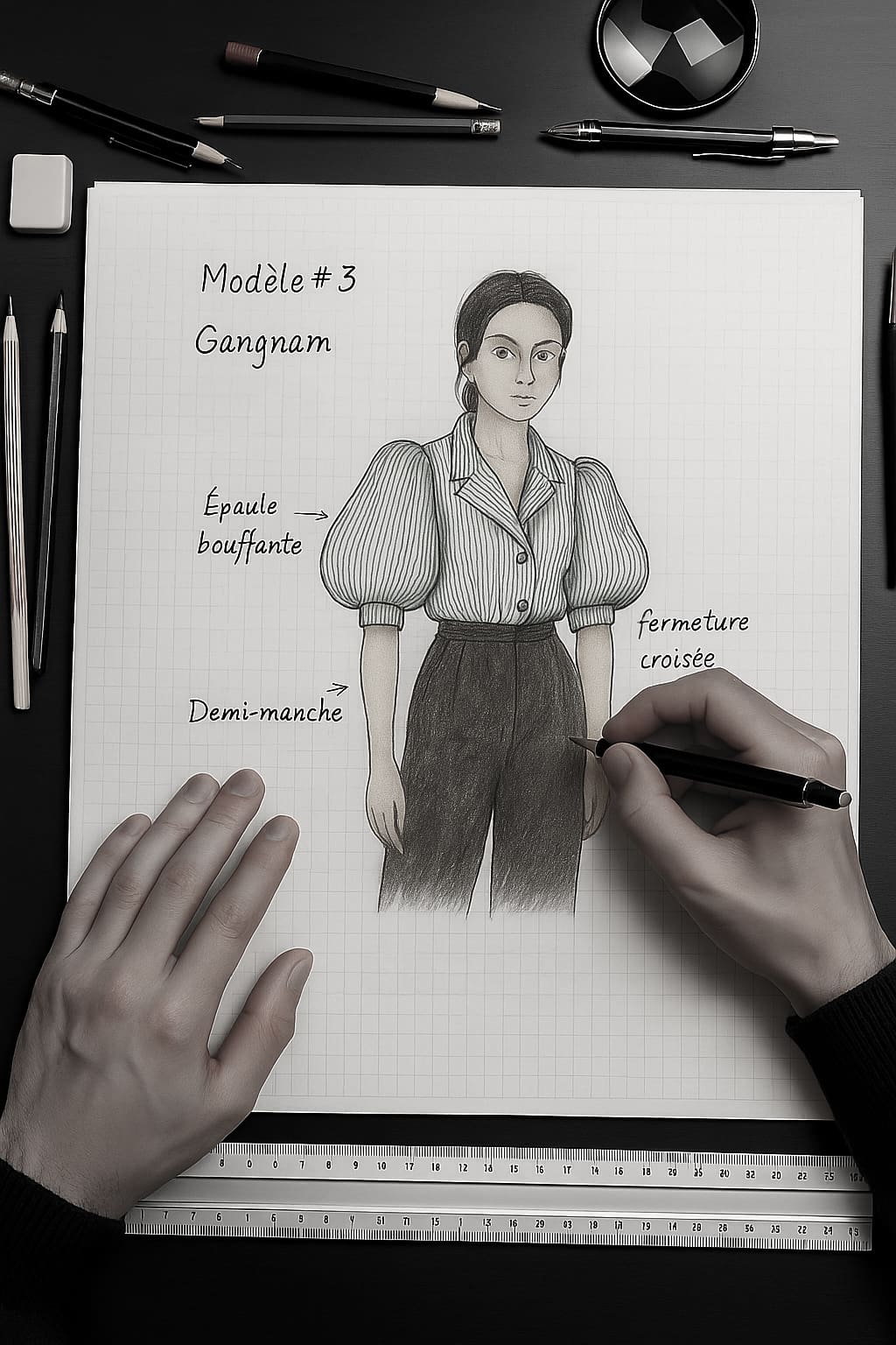 Croquis de mode du modèle Gangnam montrant les détails techniques : épaule bouffante, demi-manche et fermeture croisée