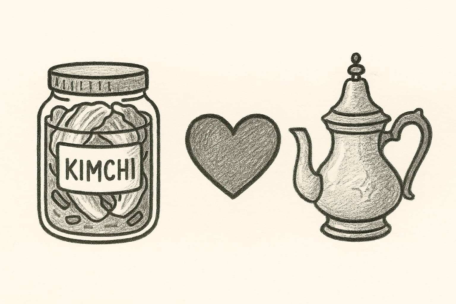 Illustration minimaliste d'un pot de kimchi, d'un cœur et d'une théière, symbolisant l'amour pour la culture coréenne